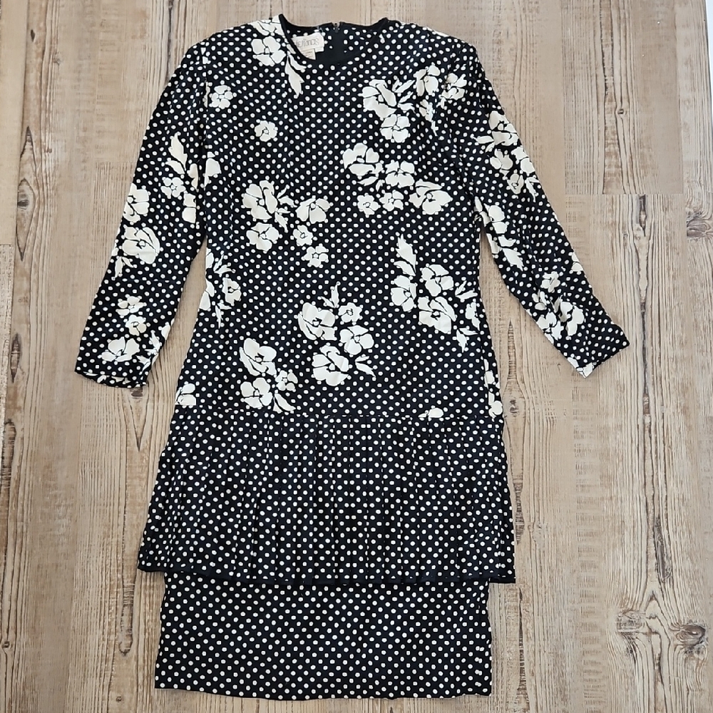 Vintage Julie Francis 100% Silk Floral Black and White Women's Dress